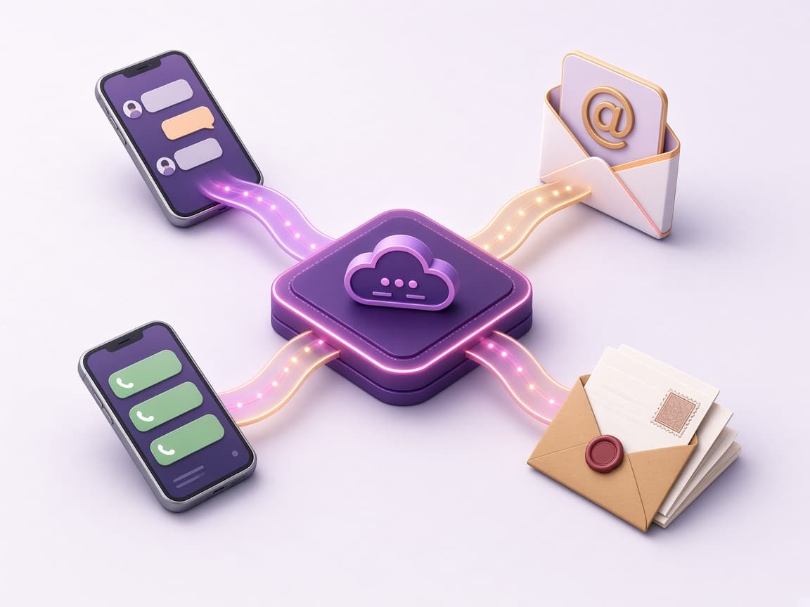 A communication platform hub connected to SMS, email, WhatsApp, and physical letters.